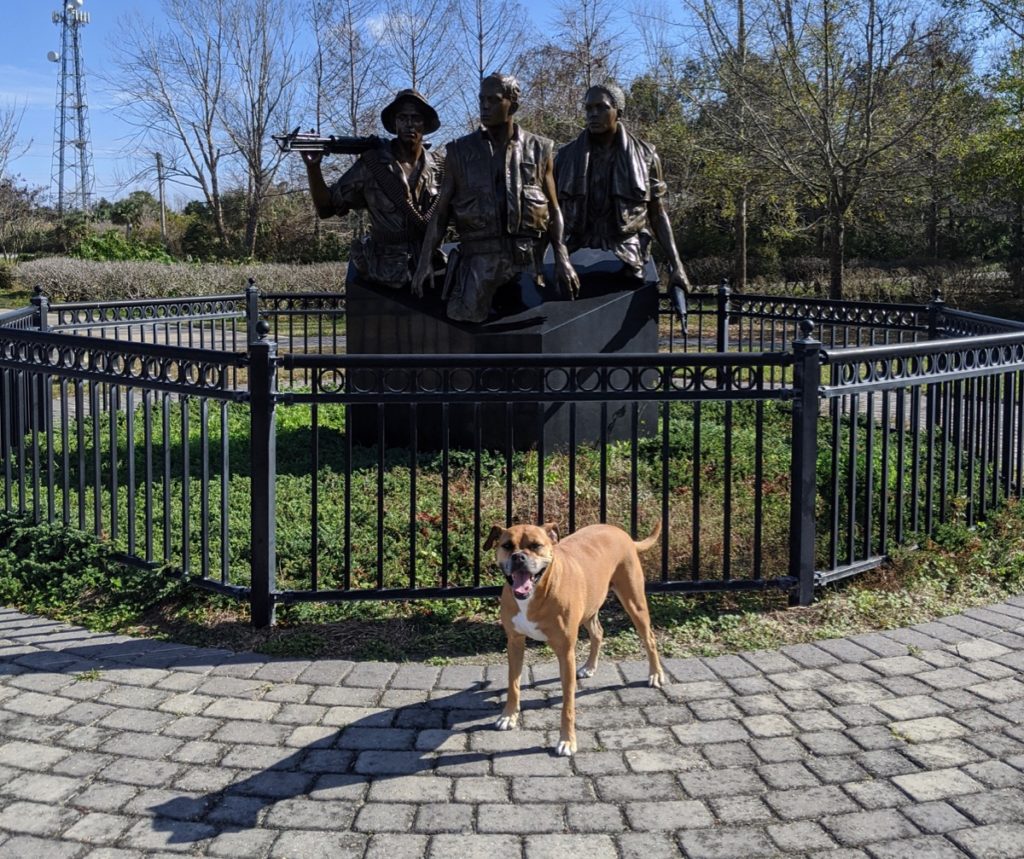 Bugsy at the Three Soldiers Monument in Apalachicola