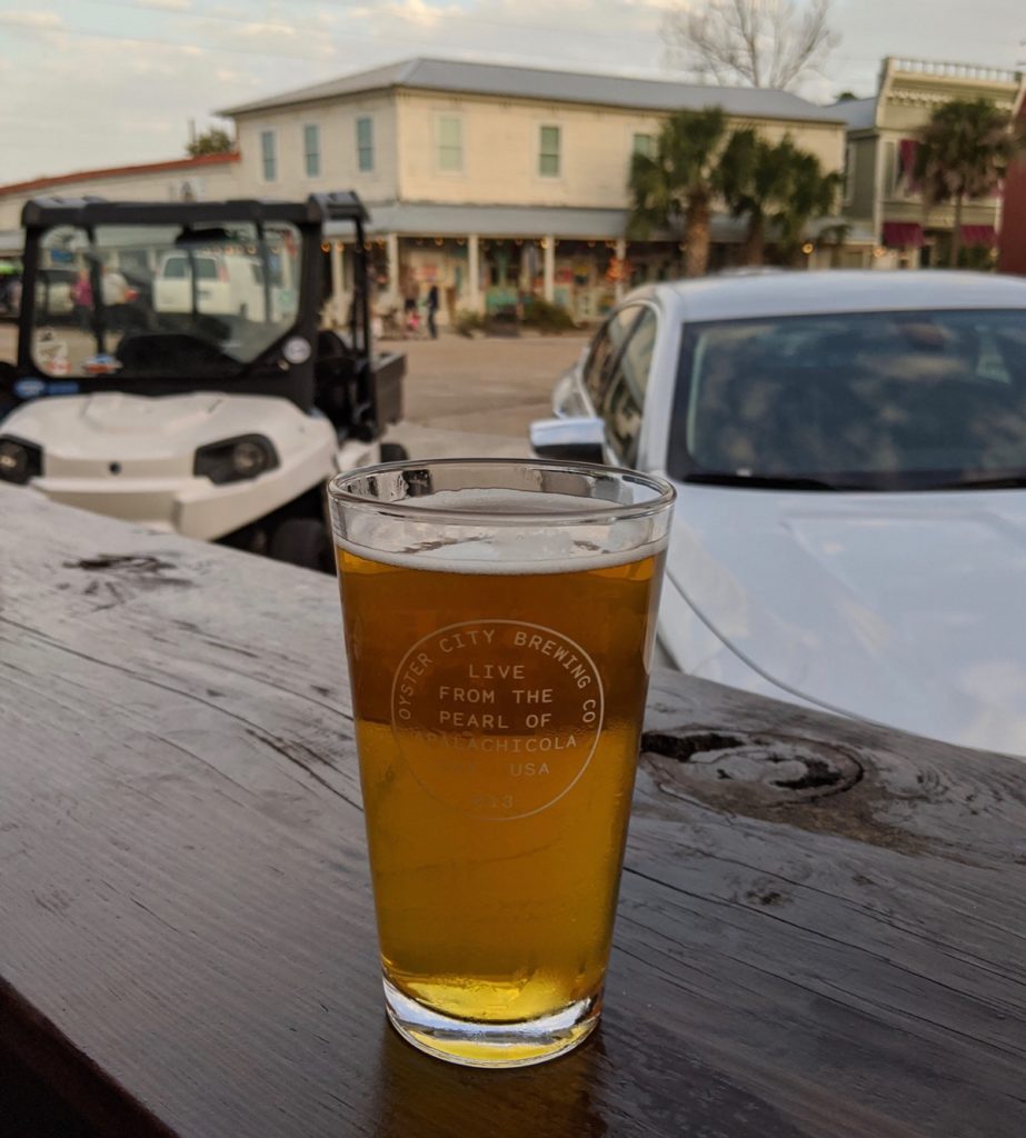 beer on the deck at Oyster City Brewing in Apalachicola