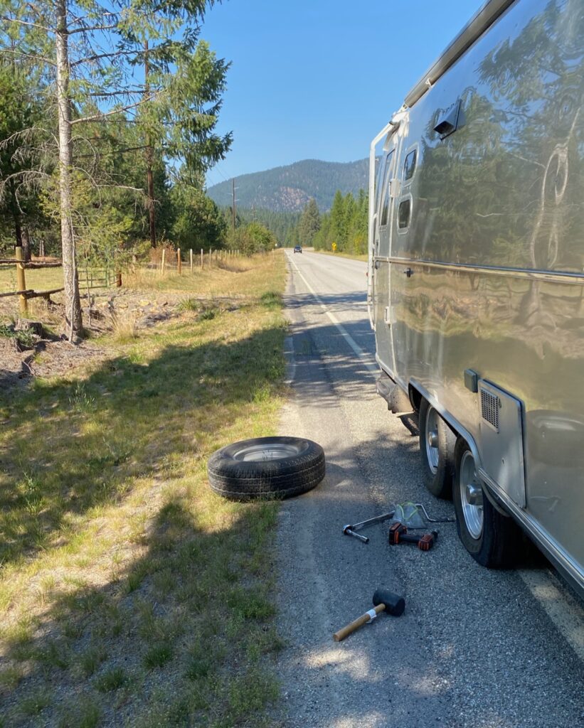 fixing an exploded tire on the Airstream
