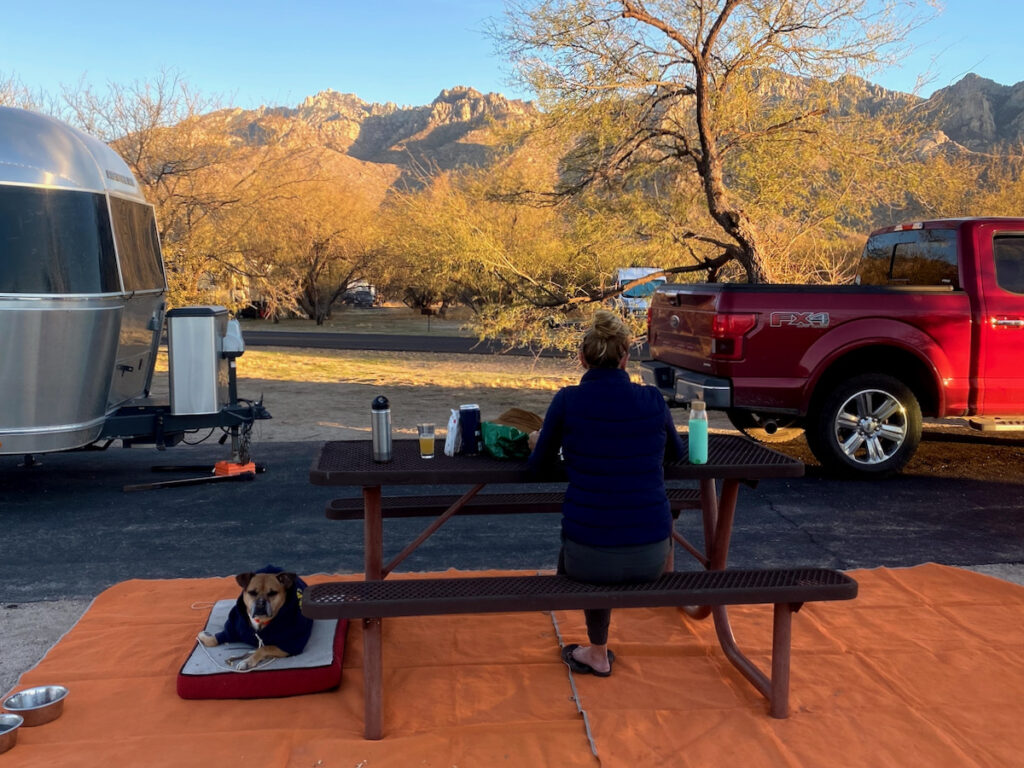 hanging by the airstream at the campsite at sunset in Catalina Mountains State Park
