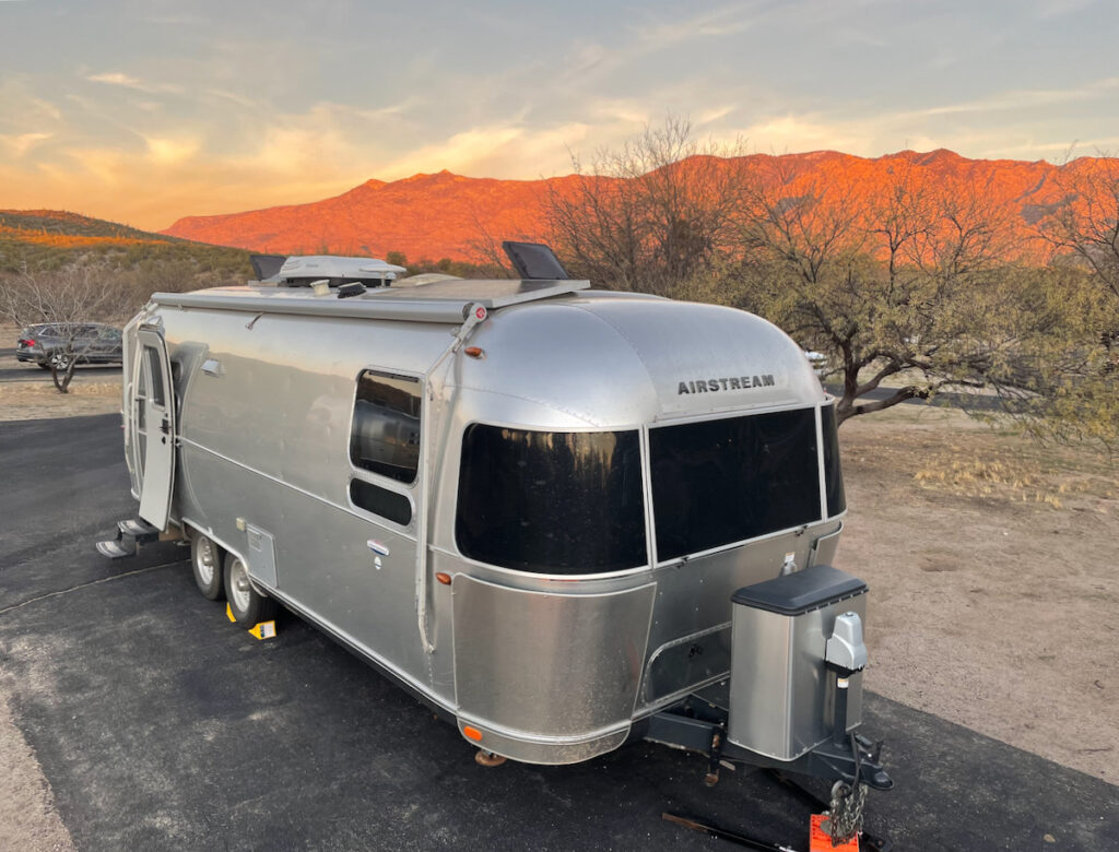the Airstream at sunrise in Catalina Mountains State Park