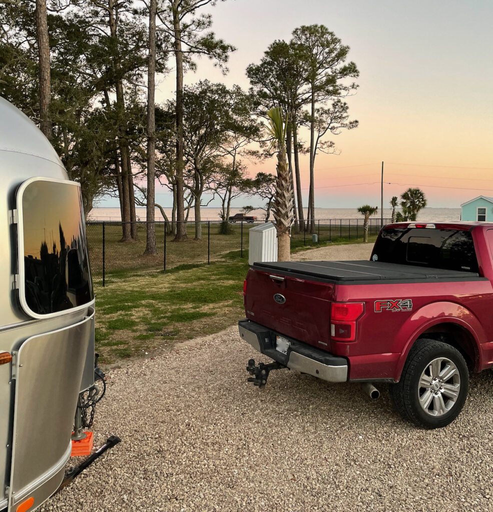The Airstream and the f-150 at sunset in Eastpoint