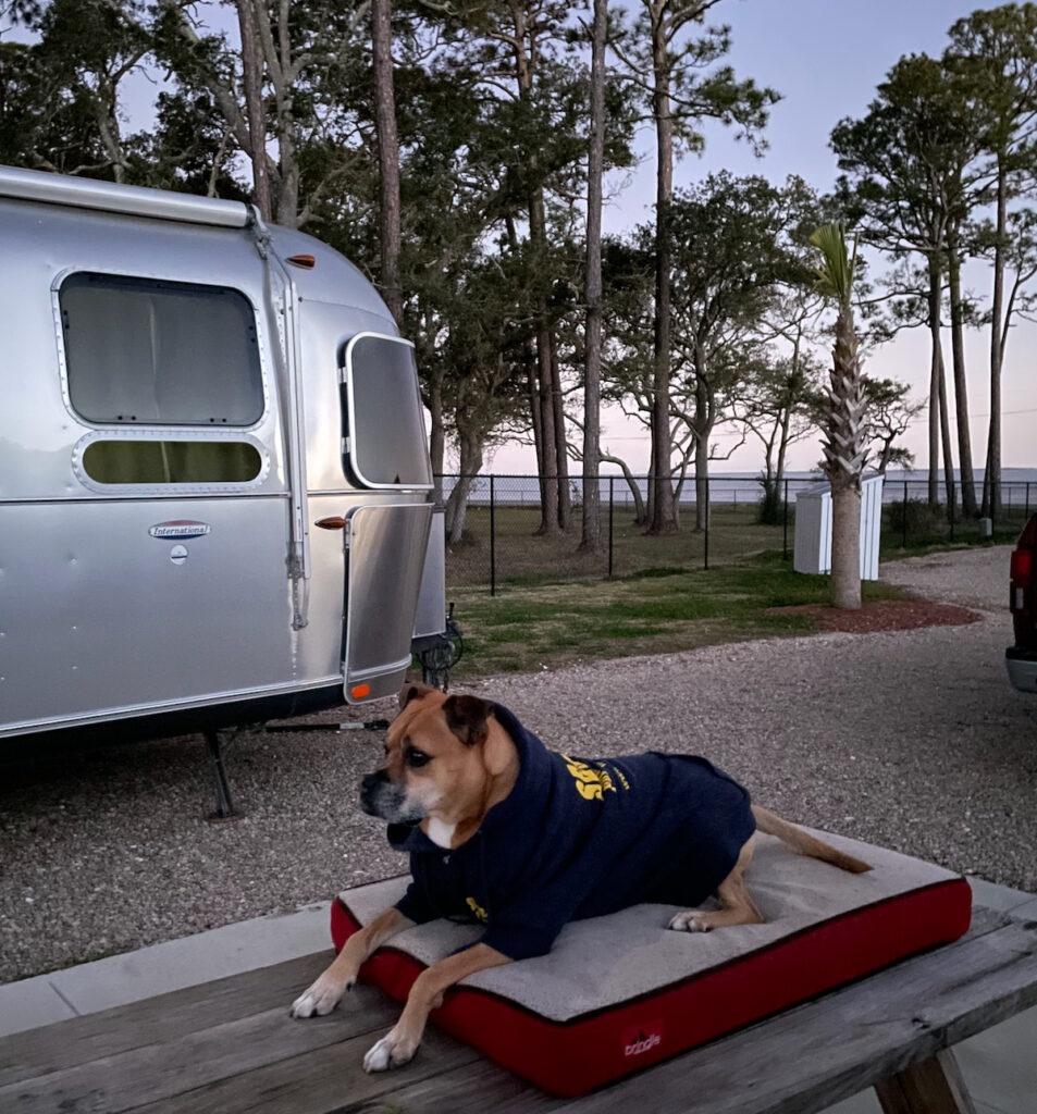 Bugsy and the Airstream at sunset in Eastpoint