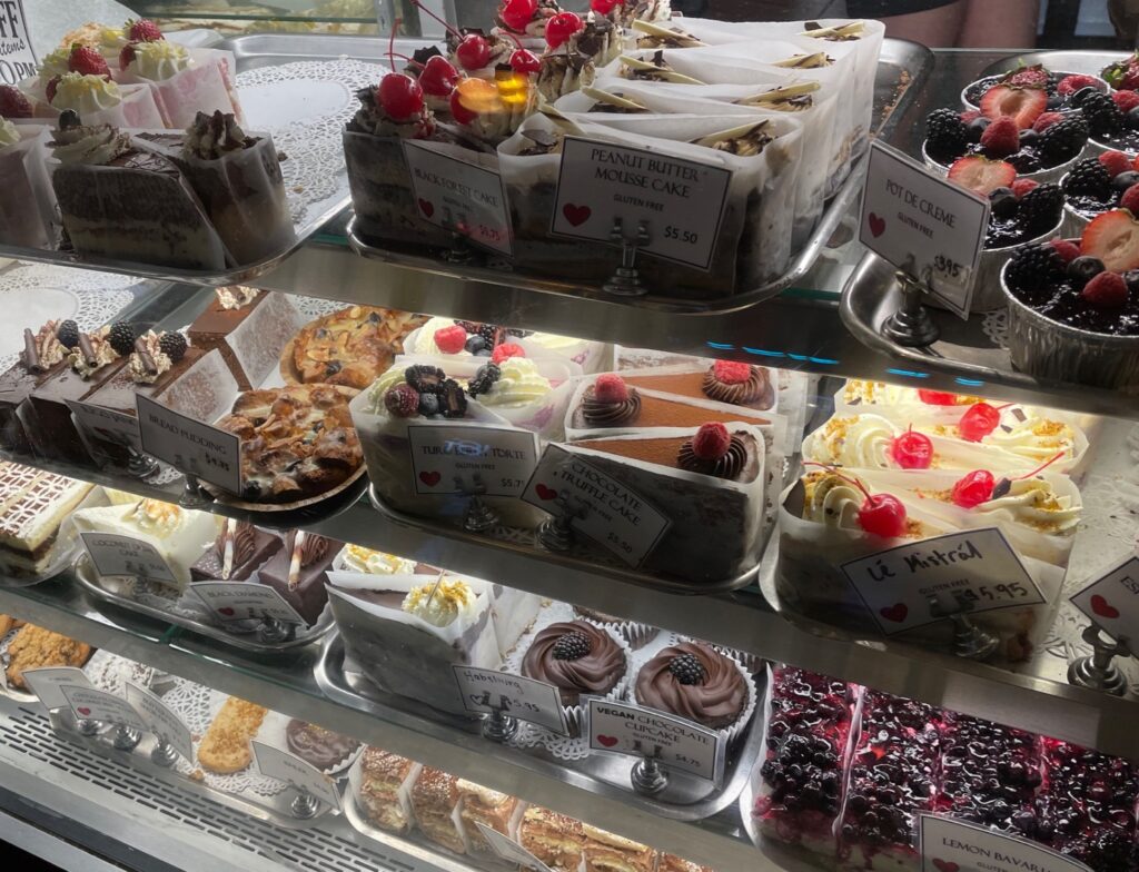 treats in the case at Old Europe Pastries