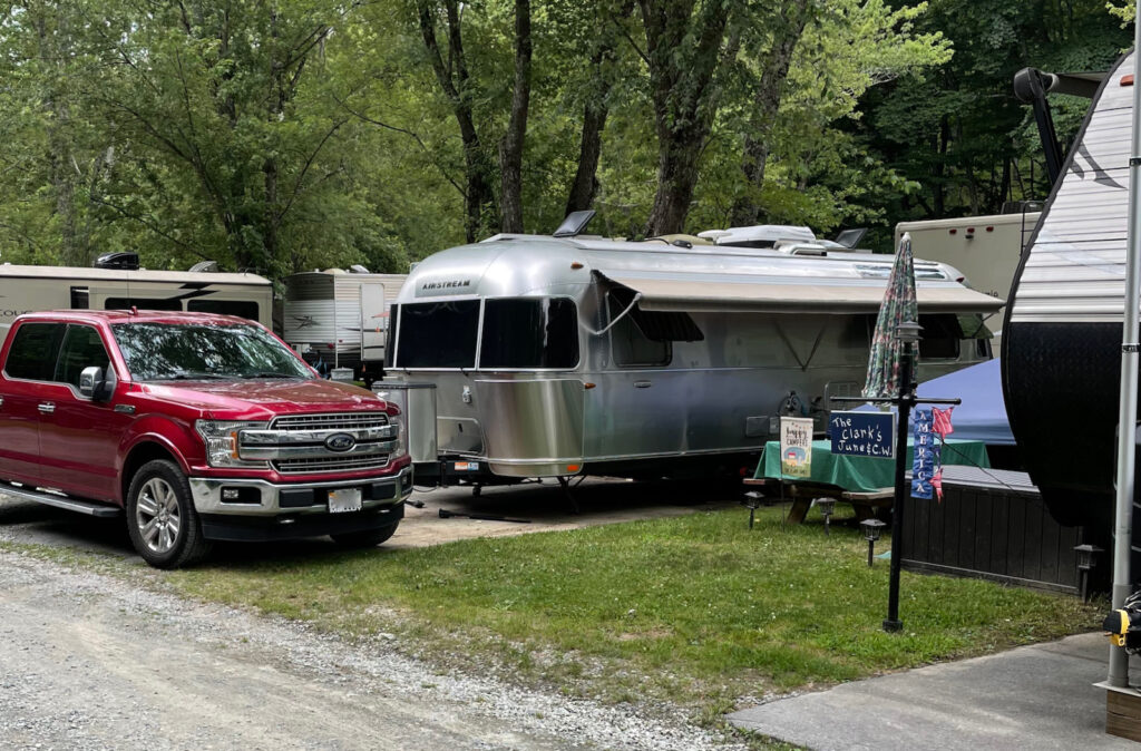 the Airstream packed in tight at Flintlock Campground