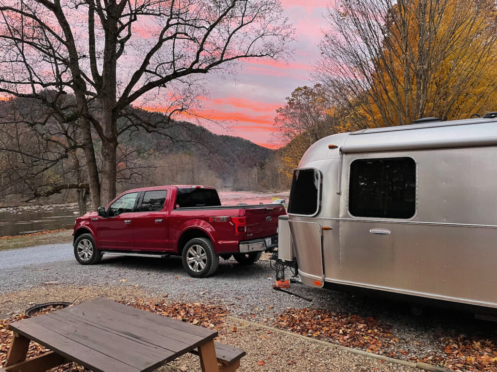 sunset over the Airstream and Nolichucky River