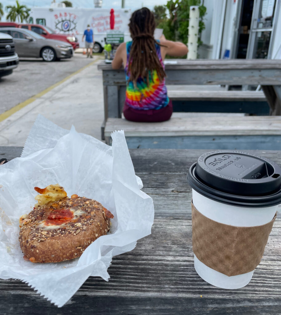 coffee and pizza bagel at Baby's Coffee