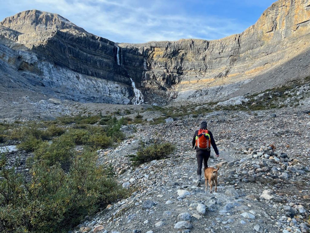 hiking up to Bow Glacier Falls