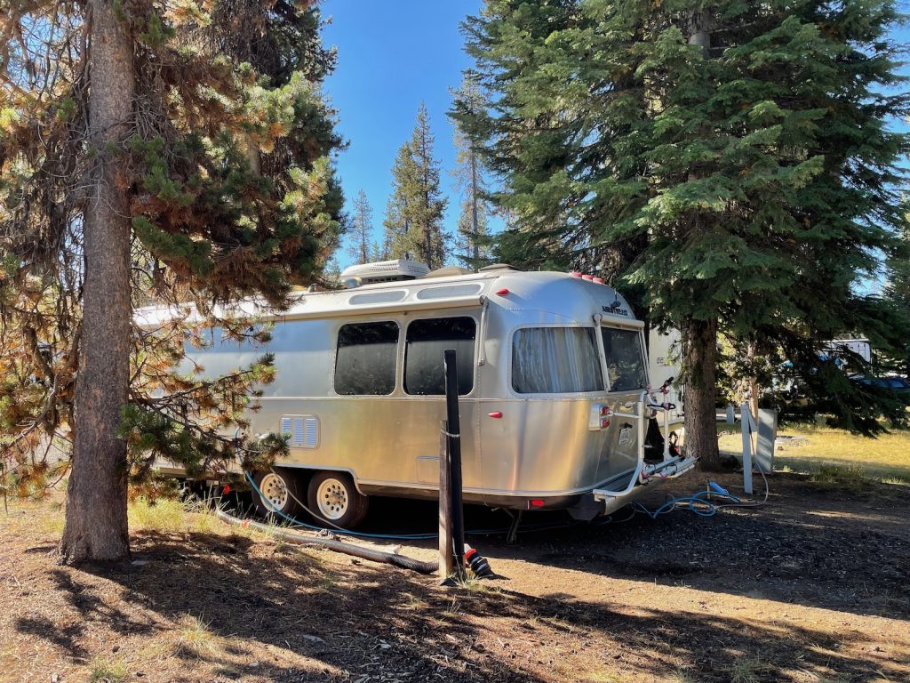 the Airstream at our campsite at Diamond Lake Campground
