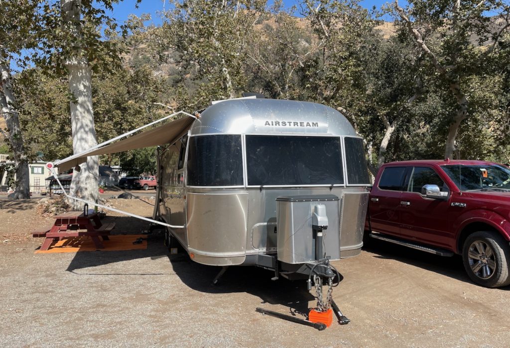 the Airstream at our campsite at Sequoia RV Ranch