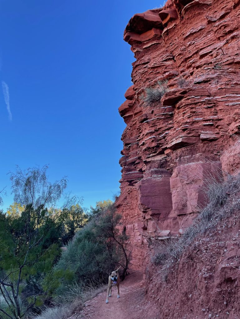 hiking by a red cliff on Rojo Grande trail