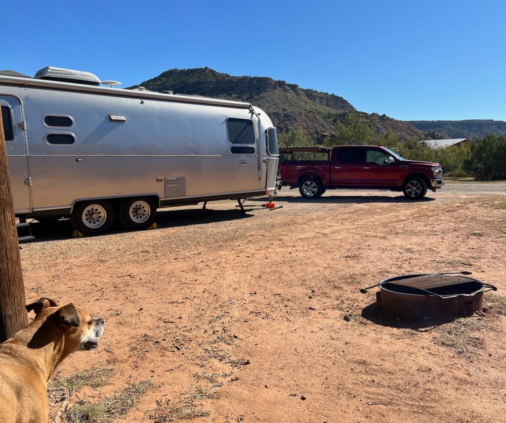 the Airstream and truck in our campsite in Sagebrush campground