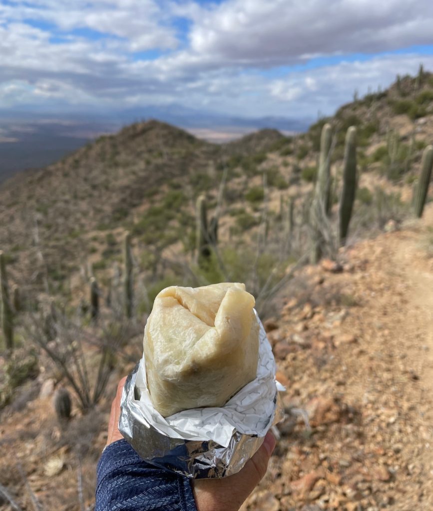 breakfast burrito from Seis Kitchen along the trail in Saguaro National Park