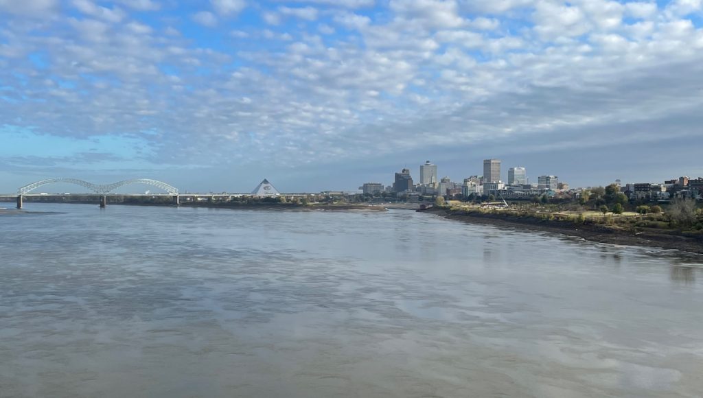view of downtown Memphis from the Big River Crossing bridge