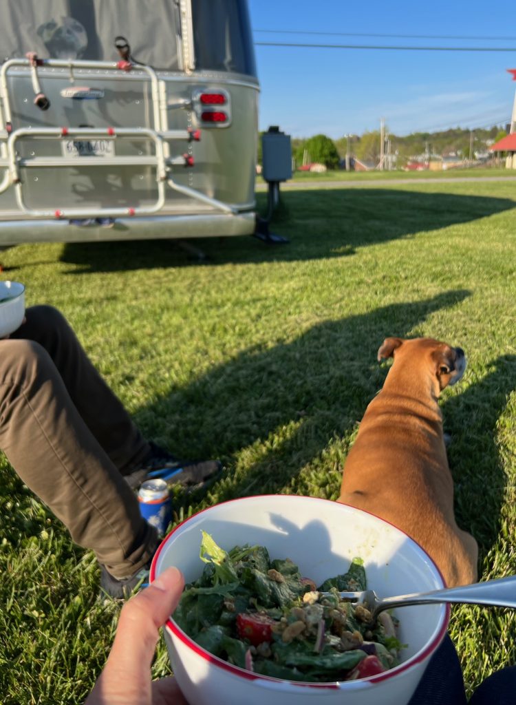 eating salad by the Airstream