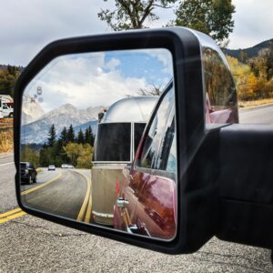 Grand Teton National Park in the mirror with the Airstream