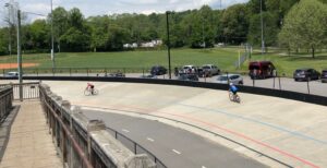 cycling on the velodrome in Carrier Park