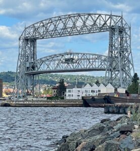 the Duluth Bridge in the raised position
