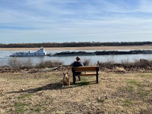 watching ship traffic on the Mississippi at Tom Sawyer RV Park